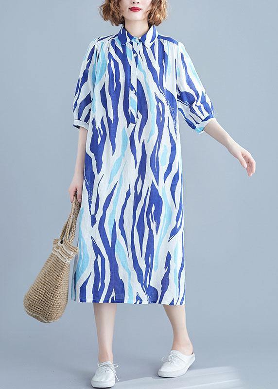 Vivid lapel half sleeve Cotton dresses Runway blue striped Dress - bagstylebliss