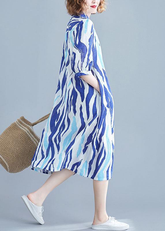 Vivid lapel half sleeve Cotton dresses Runway blue striped Dress - bagstylebliss