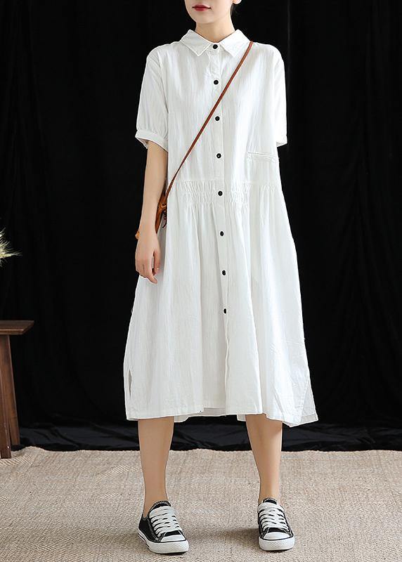 Vivid lapel Cinched cotton linen Wardrobes Sleeve white Dresses - bagstylebliss