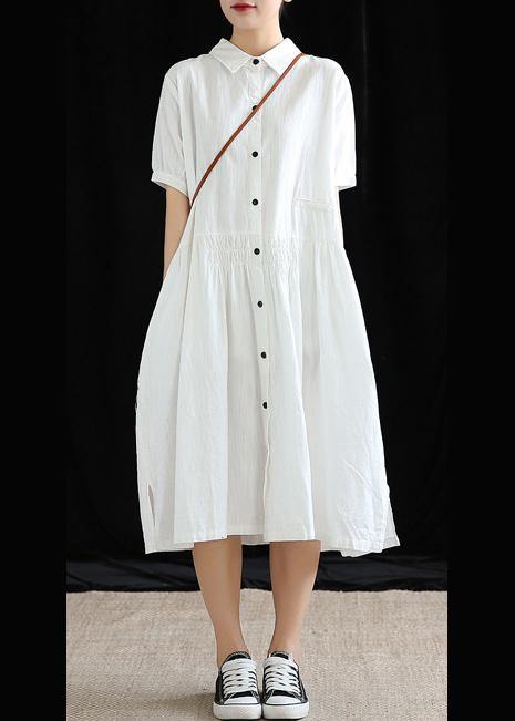 Vivid lapel Cinched cotton linen Wardrobes Sleeve white Dresses - bagstylebliss