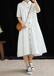 Vivid lapel Cinched cotton linen Wardrobes Sleeve white Dresses - bagstylebliss