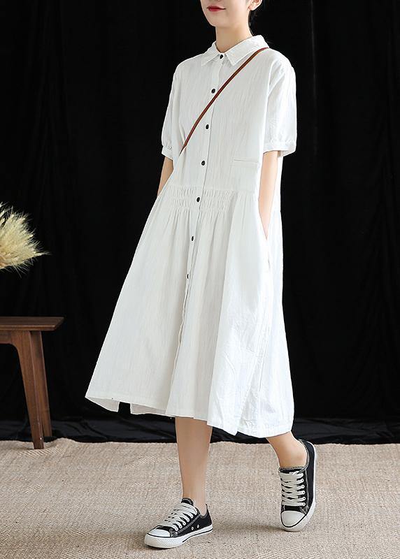 Vivid lapel Cinched cotton linen Wardrobes Sleeve white Dresses - bagstylebliss