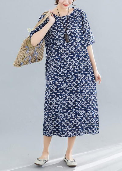 Vivid navy print cotton linen clothes For Women o neck pockets Maxi summer Dress - bagstylebliss