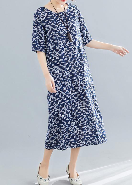 Vivid navy print cotton linen clothes For Women o neck pockets Maxi summer Dress - bagstylebliss