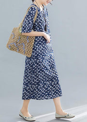 Vivid navy print cotton linen clothes For Women o neck pockets Maxi summer Dress - bagstylebliss