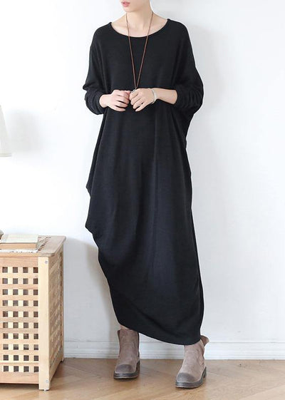 Vivid o neck asymmetric cotton spring clothes Neckline black Robe Dress - bagstylebliss