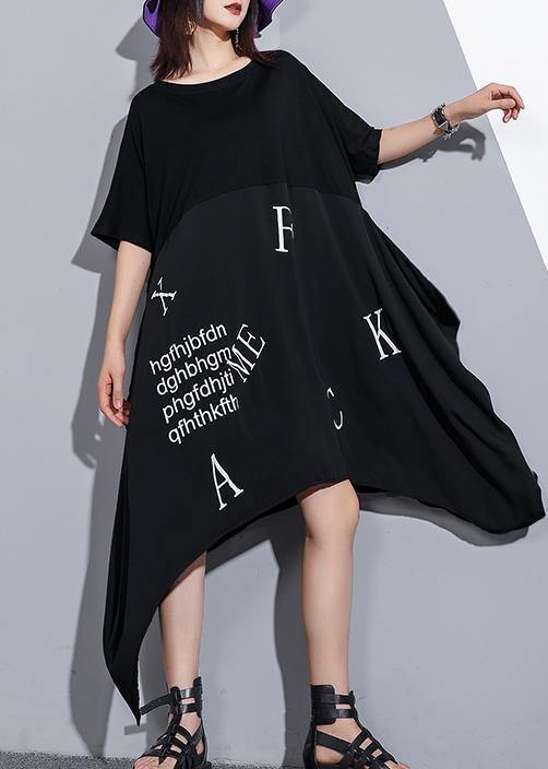 Vivid o neck asymmetric cotton tunics for women Inspiration black Maxi Dress summer - bagstylebliss