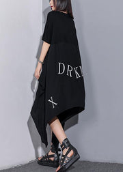 Vivid o neck asymmetric cotton tunics for women Inspiration black Maxi Dress summer - bagstylebliss