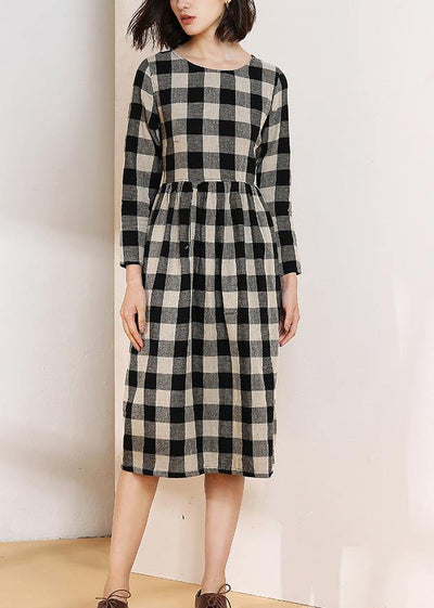 Vivid o neck cotton linen spring clothes Runway black plaid Dress - bagstylebliss