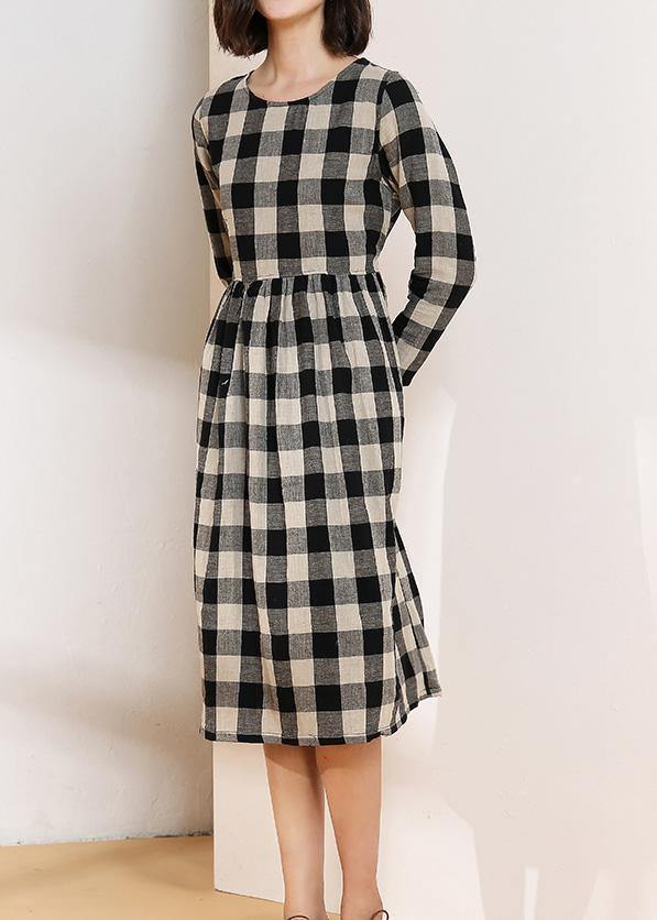 Vivid o neck cotton linen spring clothes Runway black plaid Dress - bagstylebliss