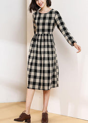 Vivid o neck cotton linen spring clothes Runway black plaid Dress - bagstylebliss