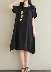 Vivid o neck embroidery cotton linen dresses Tutorials black Dresses summer - bagstylebliss