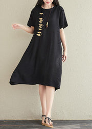 Vivid o neck embroidery cotton linen dresses Tutorials black Dresses summer - bagstylebliss