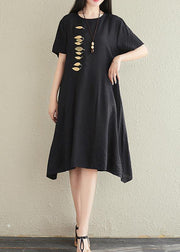 Vivid o neck embroidery cotton linen dresses Tutorials black Dresses summer - bagstylebliss