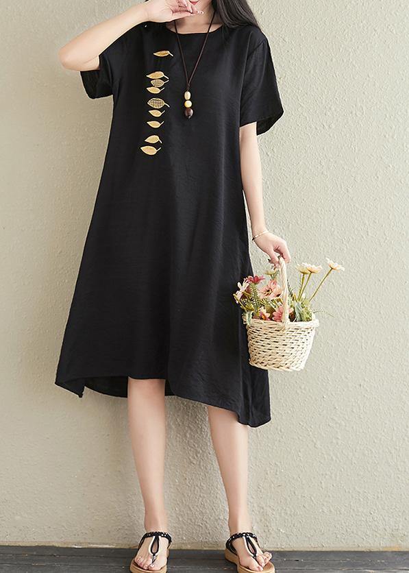 Vivid o neck embroidery cotton linen dresses Tutorials black Dresses summer - bagstylebliss