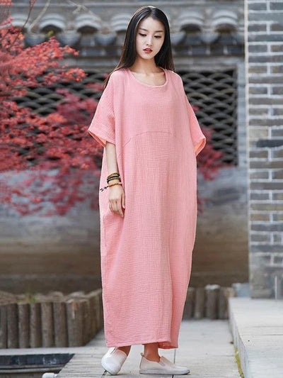 Vivid o neck half sleeve cotton linen quilting clothes Neckline pink Dress - bagstylebliss