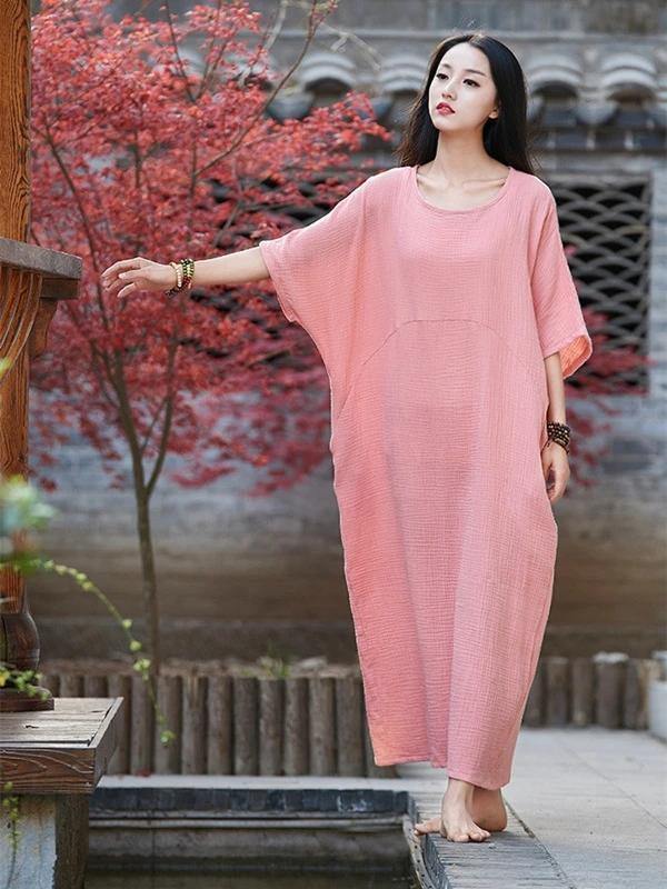 Vivid o neck half sleeve cotton linen quilting clothes Neckline pink Dress - bagstylebliss