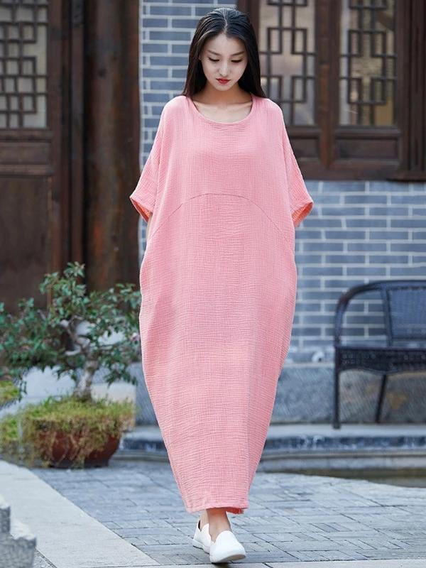 Vivid o neck half sleeve cotton linen quilting clothes Neckline pink Dress - bagstylebliss