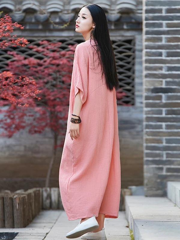 Vivid o neck half sleeve cotton linen quilting clothes Neckline pink Dress - bagstylebliss