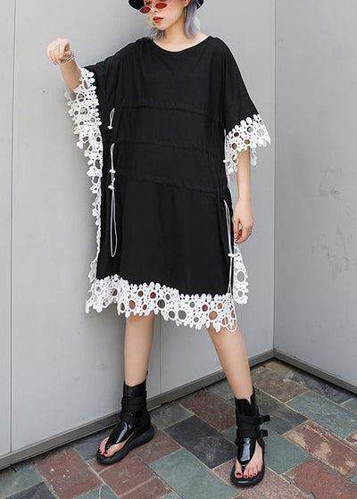 Vivid o neck patchwork lace Cotton for women black Dress summer - bagstylebliss