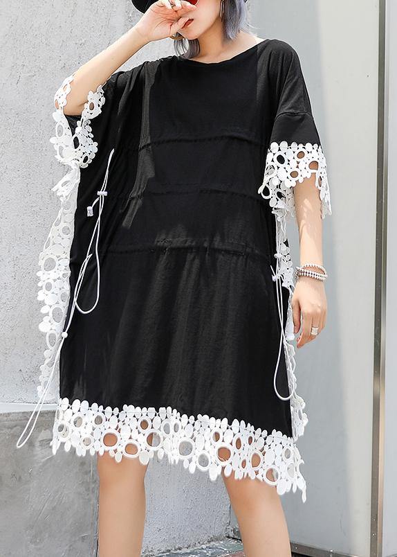 Vivid o neck patchwork lace Cotton for women black Dress summer - bagstylebliss