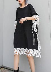 Vivid o neck patchwork lace Cotton for women black Dress summer - bagstylebliss