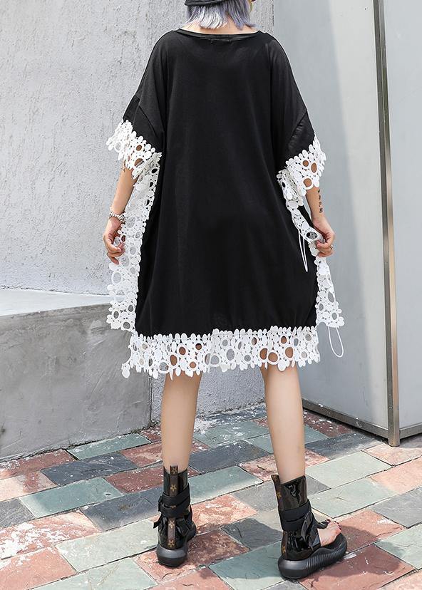 Vivid o neck patchwork lace Cotton for women black Dress summer - bagstylebliss