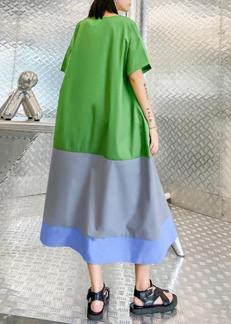 Vivid o neck patchwork summer tunic pattern linen green Plus Size  Dress - bagstylebliss