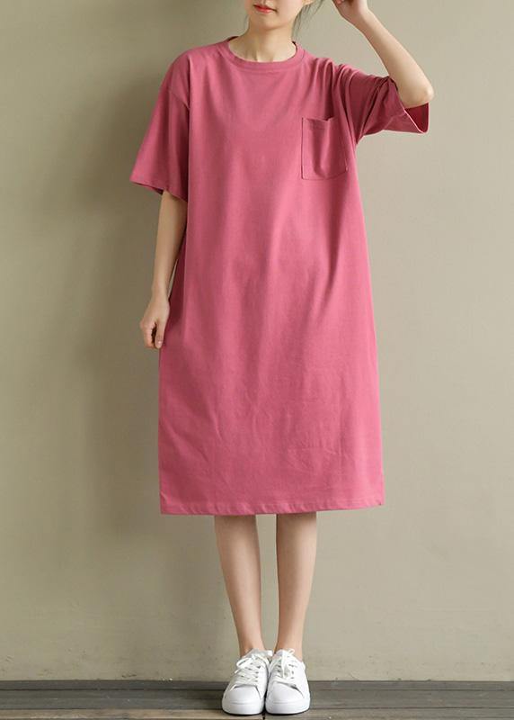 Vivid o neck pockets Cotton tunic Tutorials pink Dress summer - bagstylebliss