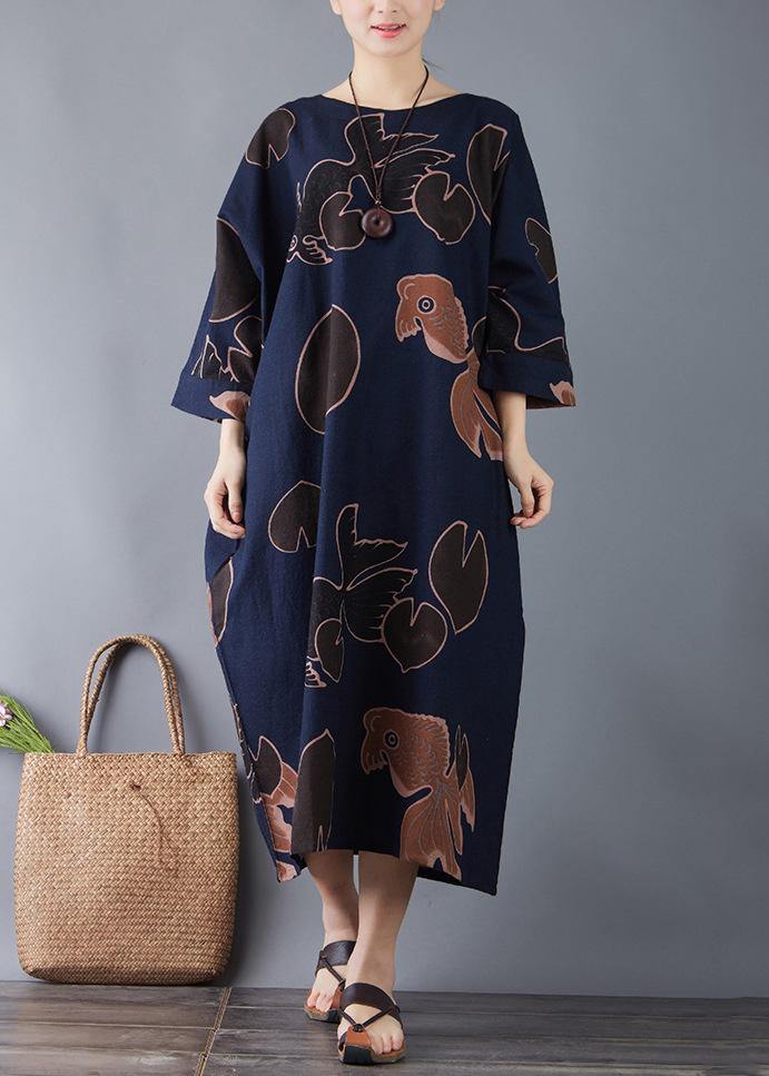 Vivid o neck pockets cotton navy print long Dresses summer - bagstylebliss