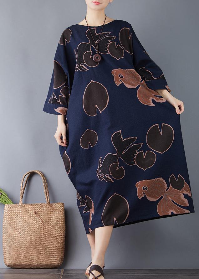 Vivid o neck pockets cotton navy print long Dresses summer - bagstylebliss