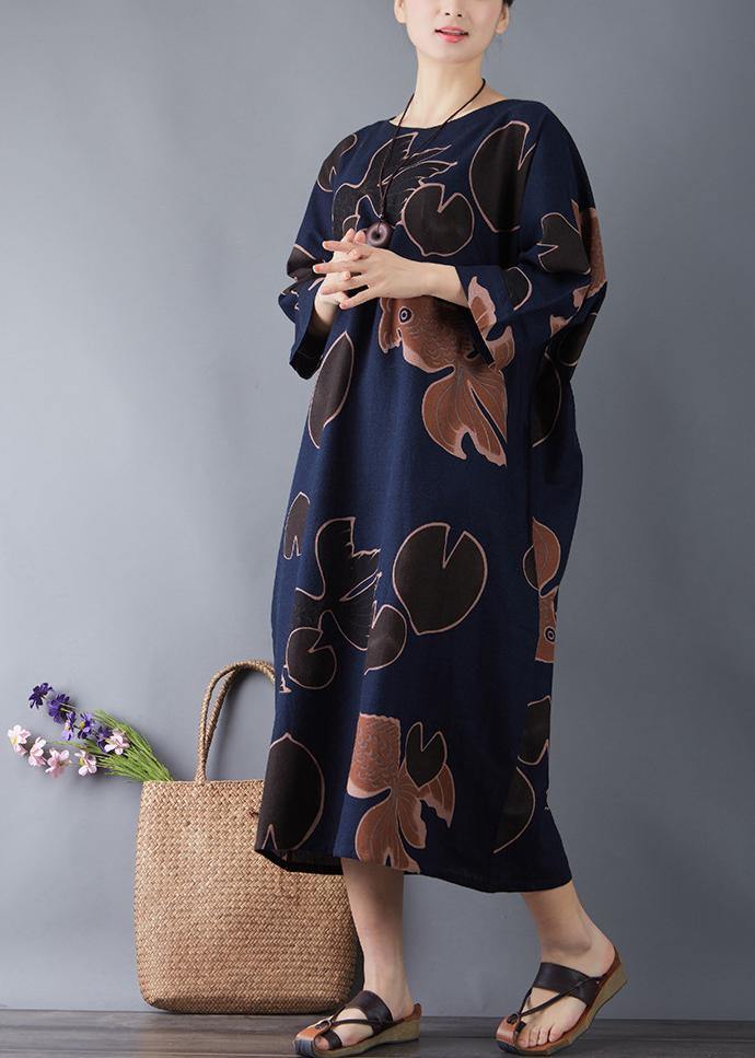 Vivid o neck pockets cotton navy print long Dresses summer - bagstylebliss