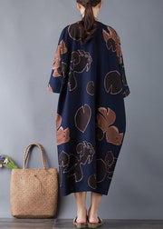 Vivid o neck pockets cotton navy print long Dresses summer - bagstylebliss