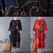 Vivid o neck pockets cotton navy print long Dresses summer - bagstylebliss