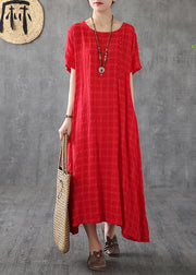 Vivid o neck short sleeve cotton linen Robes Fabrics red plaid Dress - bagstylebliss