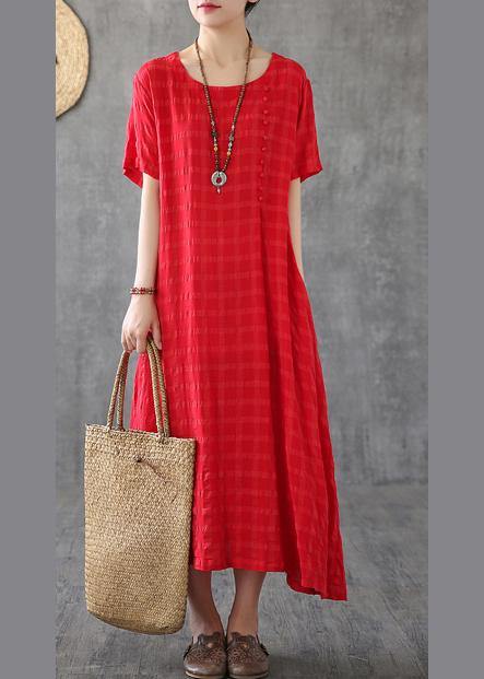 Vivid o neck short sleeve cotton linen Robes Fabrics red plaid Dress - bagstylebliss