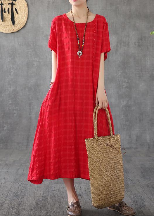 Vivid o neck short sleeve cotton linen Robes Fabrics red plaid Dress - bagstylebliss