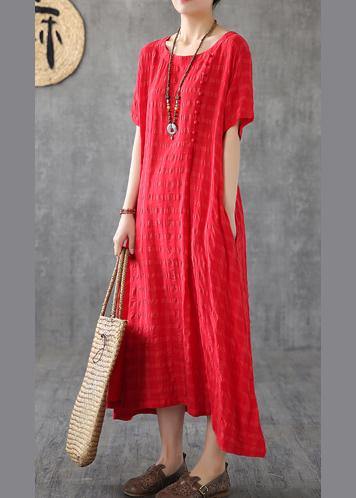 Vivid o neck short sleeve cotton linen Robes Fabrics red plaid Dress - bagstylebliss