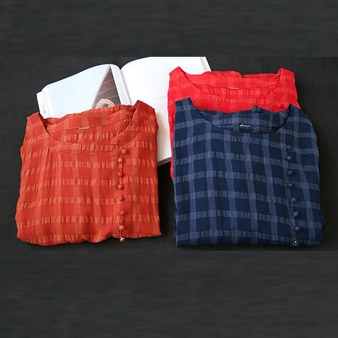 Vivid o neck short sleeve cotton linen Robes Fabrics red plaid Dress - bagstylebliss