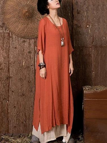 Vivid o neck side open linen summerdresses Outfits orange Dresses - bagstylebliss