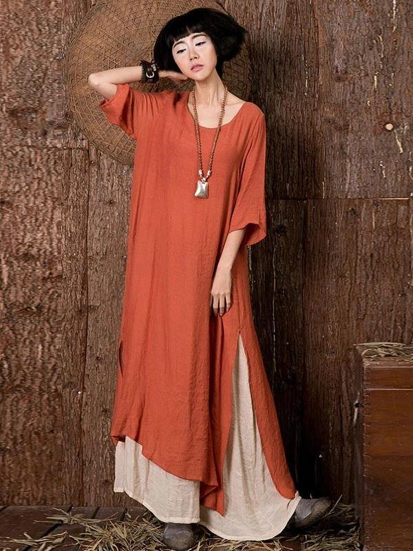 Vivid o neck side open linen summerdresses Outfits orange Dresses - bagstylebliss