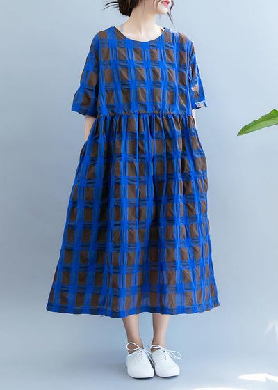 Vivid o neck summer quilting clothes Wardrobes blue plaid loose Dresses - bagstylebliss