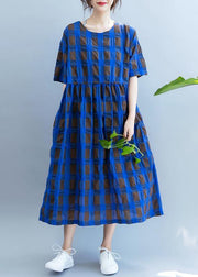 Vivid o neck summer quilting clothes Wardrobes blue plaid loose Dresses - bagstylebliss