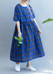 Vivid o neck summer quilting clothes Wardrobes blue plaid loose Dresses - bagstylebliss