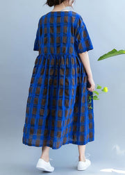 Vivid o neck summer quilting clothes Wardrobes blue plaid loose Dresses - bagstylebliss