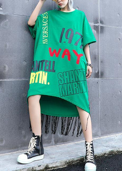 Vivid o neck tassel cotton clothes Women Sewing green print Plus Size Dress summer - bagstylebliss