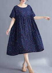 Vivid o neck Cinched cotton dresses Sewing blue print long Dresses summer - bagstylebliss