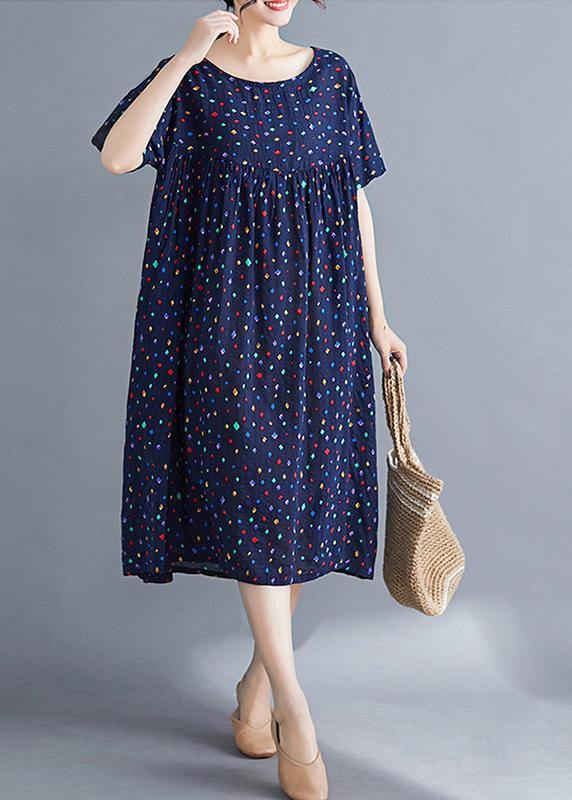 Vivid o neck Cinched cotton dresses Sewing blue print long Dresses summer - bagstylebliss