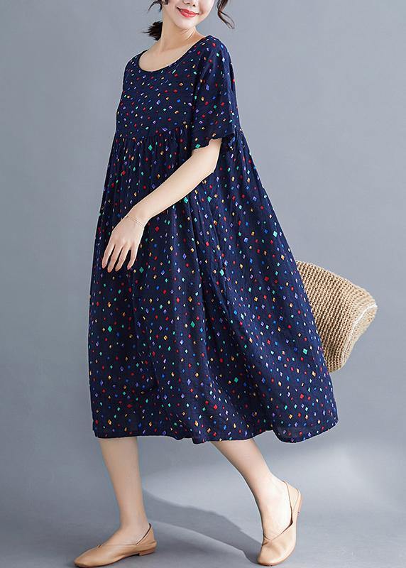 Vivid o neck Cinched cotton dresses Sewing blue print long Dresses summer - bagstylebliss