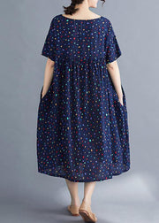 Vivid o neck Cinched cotton dresses Sewing blue print long Dresses summer - bagstylebliss